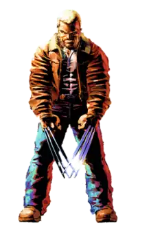 An old grey-haired Logan, his fists are lowered, and his six claws are extended.