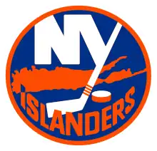 Inside a blue circle, with orange and white borders, the letters "NY" are joined together with the "Y" hockey stick facing downwards, next to a hockey puck. Behind the image, a map of Nassau and Suffolk counties joined together. At the bottom, the teams' name wrapping around in Orange with the tip of the "I" in blue, pointing towards Uniondale in Nassau County.