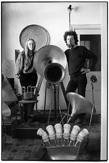 Moniek Darge and Godfried-Willem Raes, founders of the Logos Foundation, with a few of their instruments in 1983.