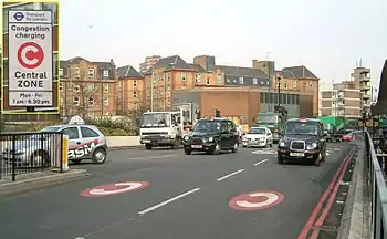 At Old Street, street markings and a sign (inset) with the white-on-red C alert drivers to the charge.