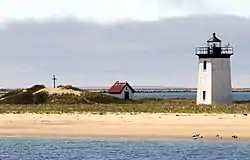 Long Point Light and remains of a Civil War artillery battery.  Also shown is the Darby cross erected by the Beachcombers club.