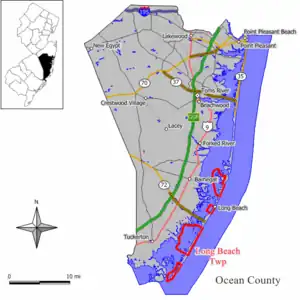 Map of Long Beach Township in Ocean County. Inset: Location of Ocean County highlighted in the State of New Jersey.