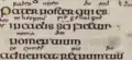 Lord's Prayer fragment from Lindisfarne Gospels, f. 37r, Latin text, translated in Northumbrian dialect of the Old English.