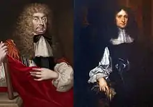 A split portrait of John Berkeley (left) and George Carteret (right).