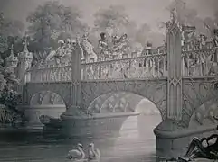 The Lord of the Tournament (Earl of Eglinton) and his esquires and retainers crossing the bridge