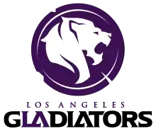 The logo for the Los Angeles Gladiators features a roaring white lion circumscribed inside a purple battle-scarred shield.