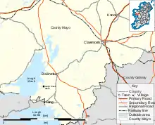 Map of the Lough Mask area of County Mayo, showing the location of Lough Mask House. The house is 6 kilometres (3.7 mi) southwest of Ballinrobe, and 6 km north of Cong; Claremorris is a further 22 kilometres (14 mi) north-east of Ballinrobe.