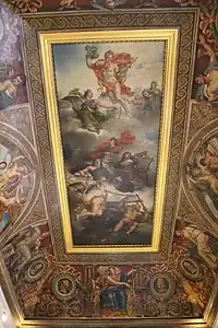 Neoclassical ceiling of the Salle Duchâtel in the Louvre Palace, with The Triumph of French Painting. Apotheosis of Poussin, Le Sueur and Le Brun in the centre, by Charles Meynier, 1822, and ceilings panels with medallion portraits of French painters, 1828-1833