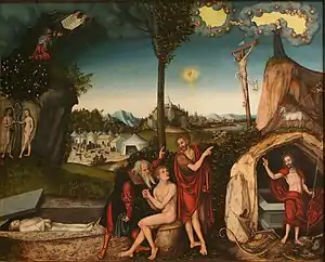 Moses and Elijah direct the sinner looking for salvation to the Cross in this painting illustrating Luther's Theology of the Cross, as opposed to a Theology of Glory.