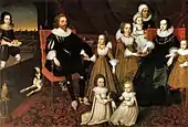 The Lucy family, English c. 1625. Two boys at the front, plus one with his mother, holding a bow as tall as himself.  The baby with the nurse may be a boy.