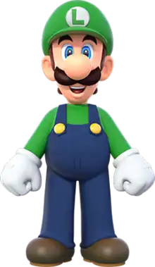 3D render of a cartoon plumber with a mustache, a large round nose, a green cap with the letter L, a green shirt, indigo overalls, and brown shoes.