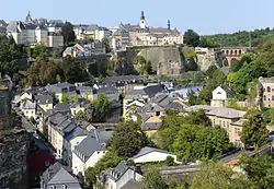 Skyline of Luxembourg City viewed over Grund and the Alzette