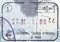 Exit stamp for air travel, issued at Luxembourg Airport