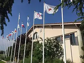 Flags of the Sacred Heart in the Heiho Niten Ichi Ryu Memorial.
