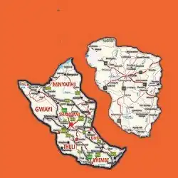 Map of Matabeleland on the left and Zimbabwe on the right