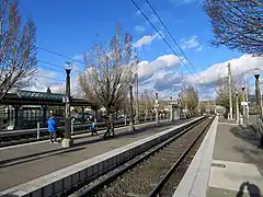 The side and island light rail platforms of Beaverton Transit Center; they are adorned with leafless trees and the left most platform consists of a shelter