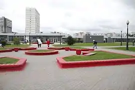 Park-like setup of benches near the station (elevated above the surrounding streets)