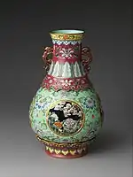 Vase; last quarter 18th century; porcelain with openwork medallions, painted in overglaze famille rose enamels, with engraved design: height: 29.8&nbsp;cm, diameter: 19.1&nbsp;cm; Metropolitan Museum of Art