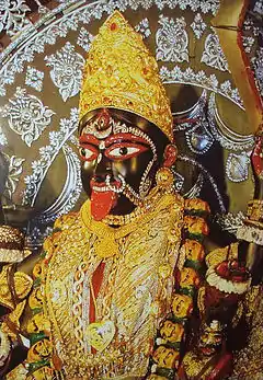 The name of the idol of Kali worshiped in the temple is Bhavatarini. Shown here, is a picture of the deity adorned with priceless jewelleries and other accessories.