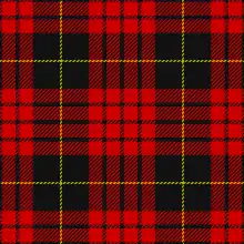 A tartan pattern with a red background, thick black stripes, and thin yellow stripes.