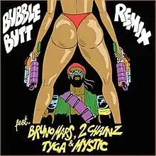 It features two cartoon caracthers, a man watching a woman in a thong bikini with two weapons, one in each hand. It depicts "Bubble Butt (Remix)" feat. Bruno Mars, 2 Chainz, Tyga & Mystic in white writing