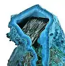 Shattuckite with malachite, about 4&nbsp;cm wide. Kaokoveld Mine, Namibia