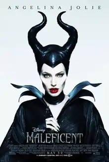 A live action rendition of the Walt Disney character Maleficent, with the text "Angelina Jolie" above and "Disney's Maleficent" below