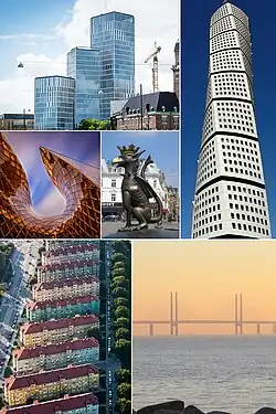 From top left to right: Malmö Live, Turning Torso, Emporia, Griffin Sculpture, Lönngården 1950s apartments, and the Öresund Bridge