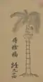 Vietnamese text was historically written right to left, top to bottom. The text here reads, "𠊚捨稿" (người xả cau); A man harvests betel nuts.