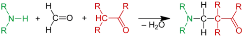 Scheme 1 – Ammonia or an amine reacts with formaldehyde and an alpha acidic proton of a carbonyl compound to a beta amino carbonyl compound.