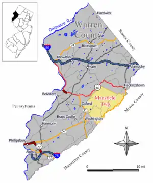 Map of Mansfield Township in Warren County. Inset: Location of Warren County highlighted in the State of New Jersey.