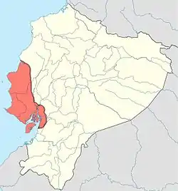 A map of the Manteno civilization (red) within Ecuador (yellow). The eastern boundary was complex (not shown)
