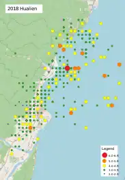 Map of 2018 Hualian earthquakes as of 9 February (UTC+8) plotting 359 shocks. Source: Taiwan Central Weather Bureau