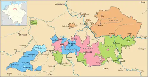 Anhalt territories 1747-1793, Anhalt-Bernburg (of which Anhalt-Harzgerode was a smaller part) in blue