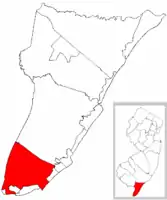 Lower Township highlighted in Cape May County. Inset map: Cape May County highlighted in New Jersey.