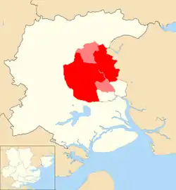 Map of Colchester within City of Colchester, Parished Suburbs of Old Heath and Myland in Pink