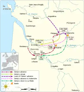A map of south west France in 1345 showing the main movements of troops between August and November