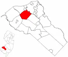 East Greenwich Township highlighted in Gloucester County. Inset map: Gloucester County highlighted in New Jersey.