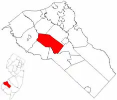 Harrison Township highlighted in Gloucester County. Inset map: Gloucester County highlighted in New Jersey.