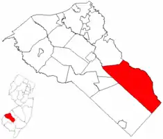 Monroe Township highlighted in Gloucester County. Inset map: Gloucester County highlighted in New Jersey.