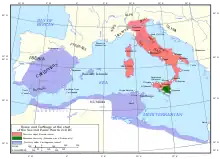 a map of the western Mediterranean region showing the territory controlled by Rome and Carthage in 218 BC