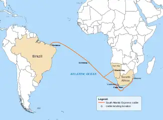 Route of the SAex submarine cable as planned in 2014