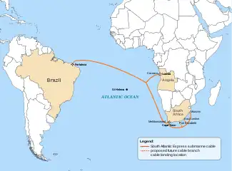 Route of the SAex submarine cable as planned in late 2011