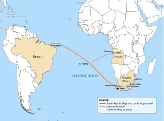 Route of the SAex submarine cable as planned in mid-2012