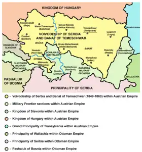 Map of Military Frontier sections in Banat, Syrmia, and Bačka in 1849 - Banatian and Slavonian military frontier and Schajkasch Battalion