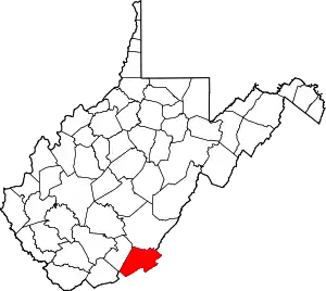 Map of West Virginia highlighting Monroe County