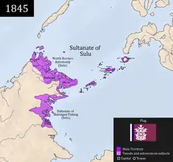 Map showing the extent of the Sultanate of Sulu in 1845 with borders of modern nation states.