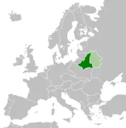 Western Belorussia in 1925 shown in dark green and the Belorussian Soviet Socialist Republic shown in light green