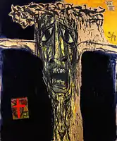 Marcus Reichert, Crucifixion VII (1991), oil and charcoal on linen with newsprint collage, 74" x 62"