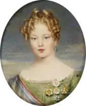 Painting showing the head and shoulders of a young woman wearing a lacey blue dress with auburn hair pulled back